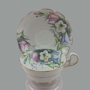 Vintage Bellflower Fine Bone China Teacup Saucer by Bell Pink Blue White Floral